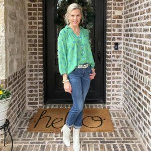 CAbi Green Floral Blouse